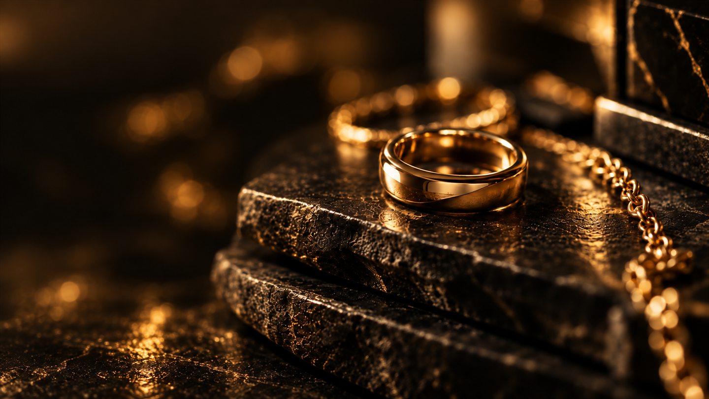 Anel e joias de ouro sobre superfície escura